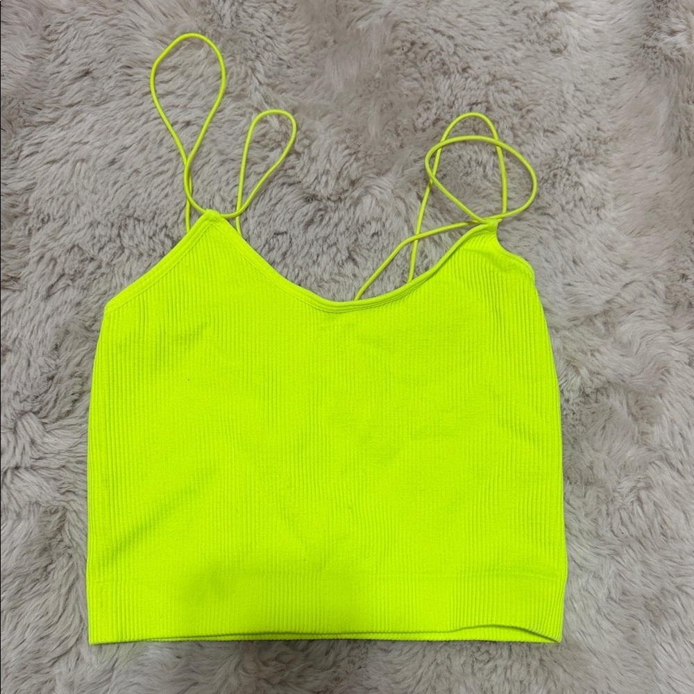 Neon Yellow Ribbed Spaghetti Strap Crop Cami - Picture 1 of 3